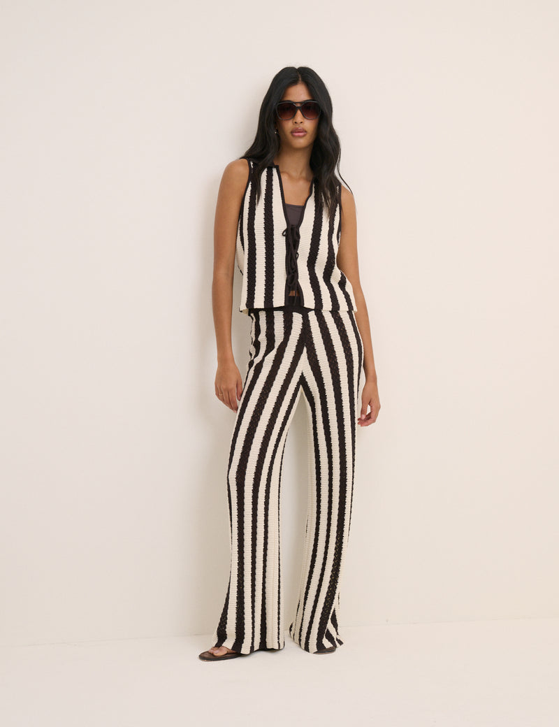 Brown and White Striped Crochet Tie Front Top