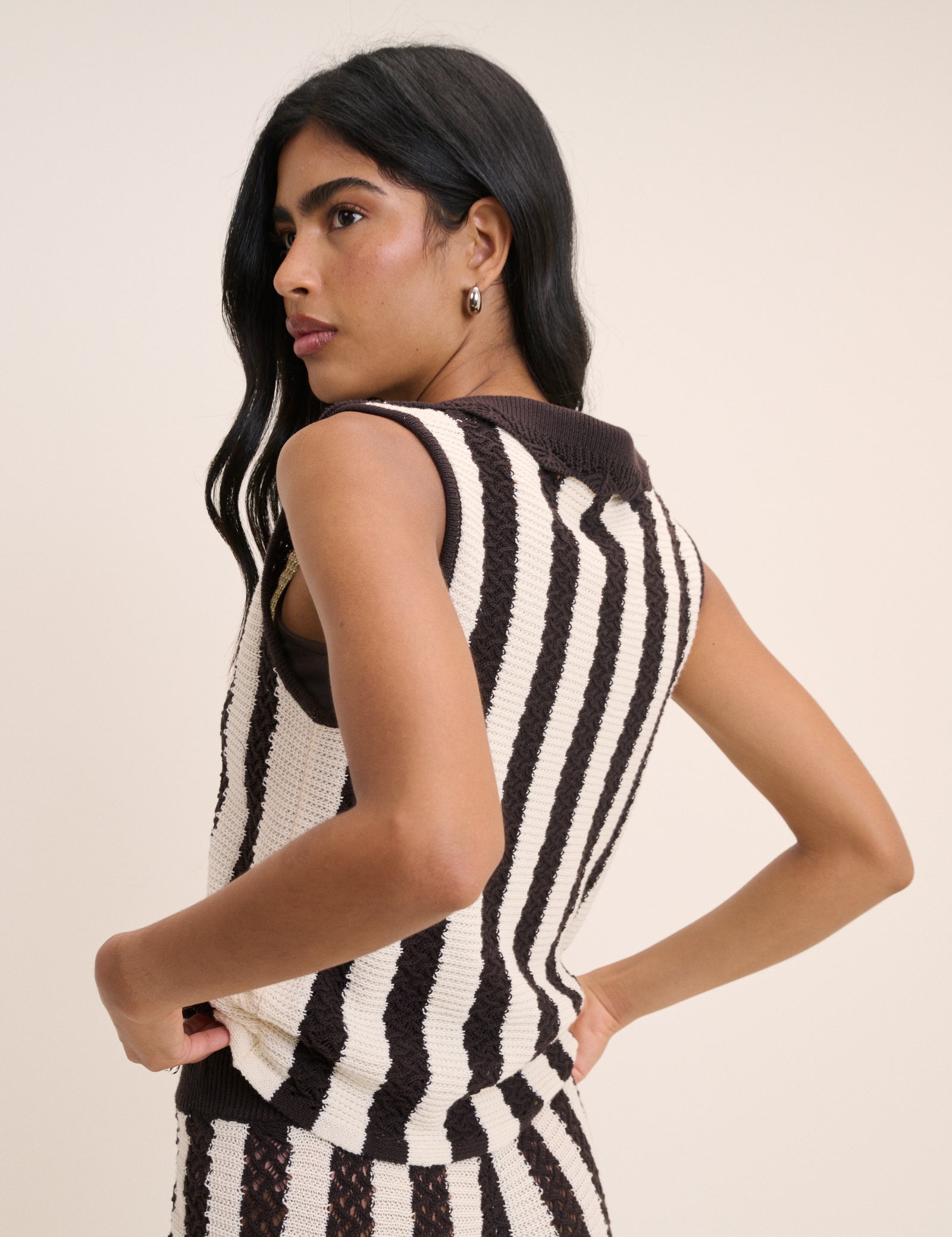 Brown and White Striped Crochet Tie Front Top