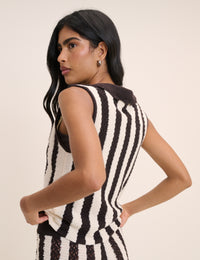 Brown and White Striped Crochet Tie Front Top