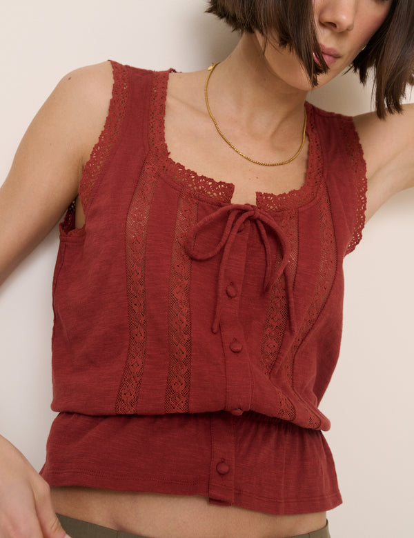 Red Lace Trim Prairie Blouse