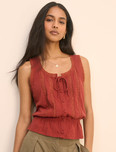 Red Lace Trim Prairie Blouse