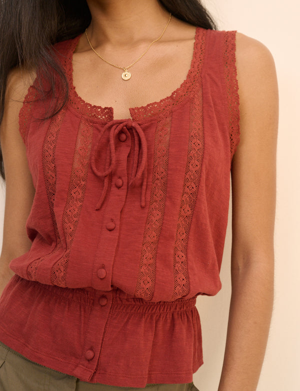 Red Lace Trim Prairie Blouse