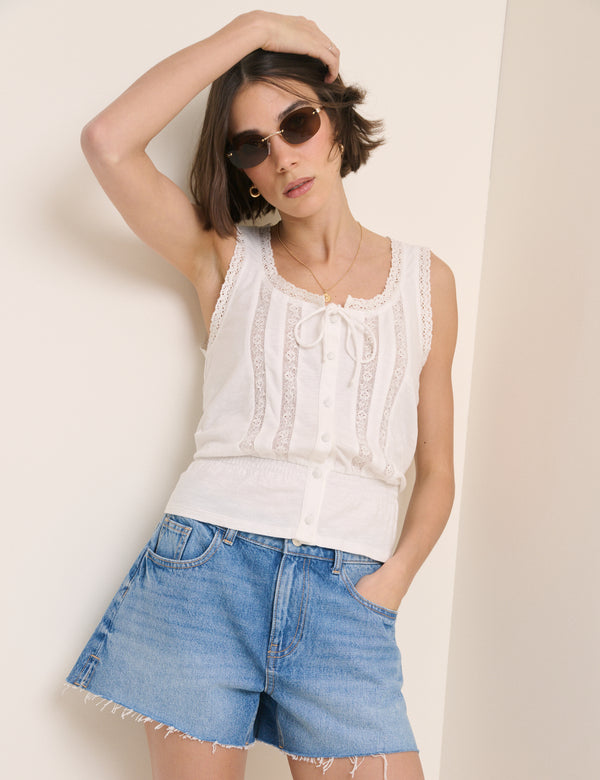 White Red Lace Trim Prairie Blouse