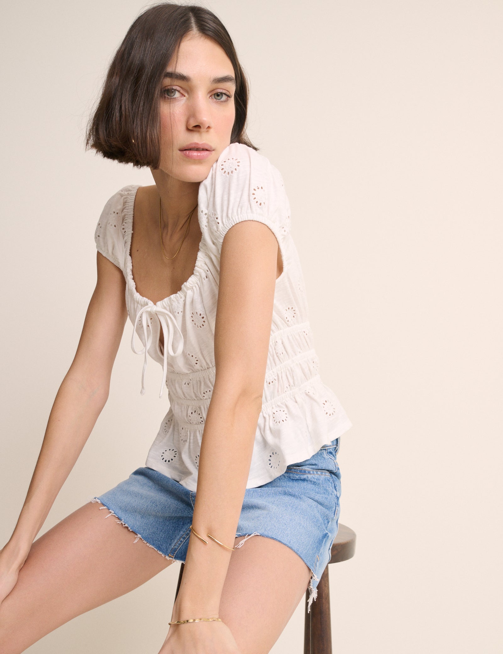 White Broderie Anglaise Shirred Milkmaid Top