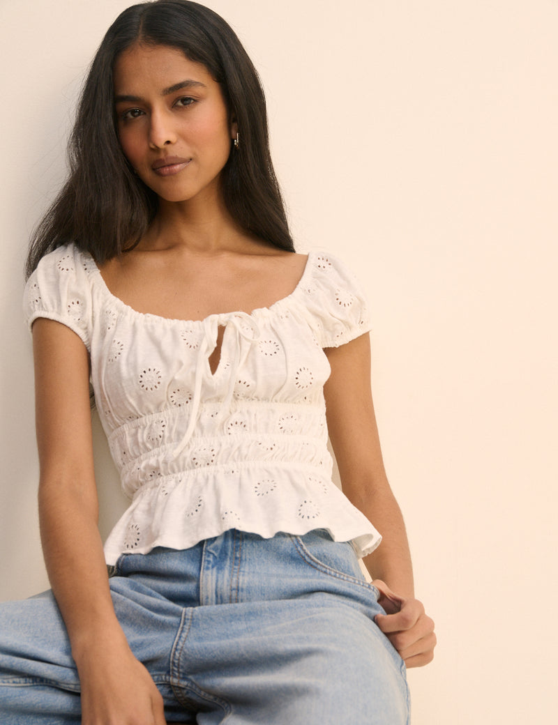 White Broderie Anglaise Shirred Milkmaid Top