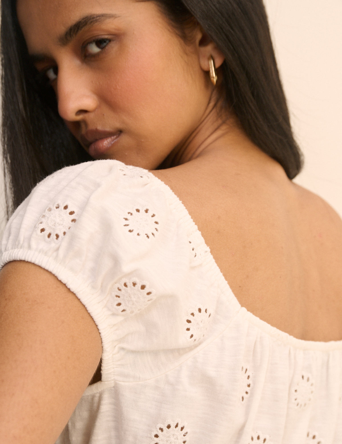 White Broderie Anglaise Shirred Milkmaid Top