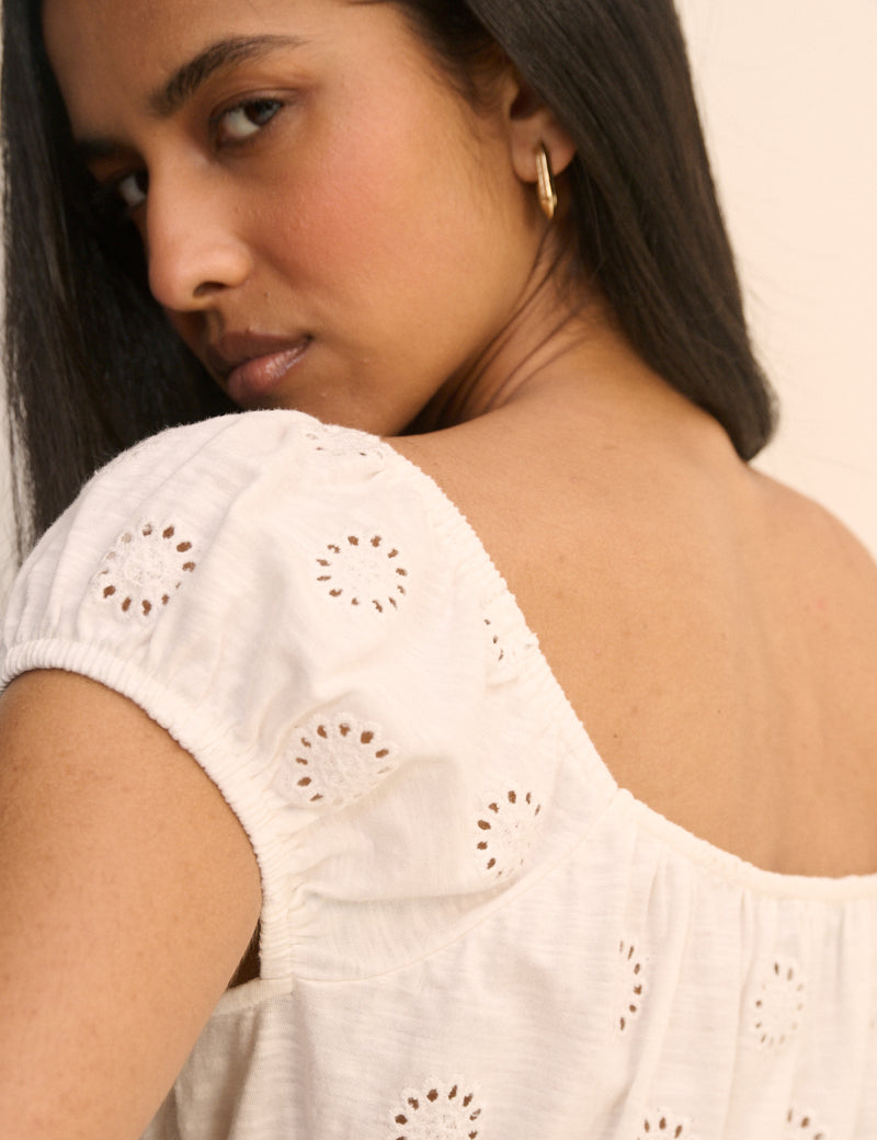 White Broderie Anglaise Shirred Milkmaid Top