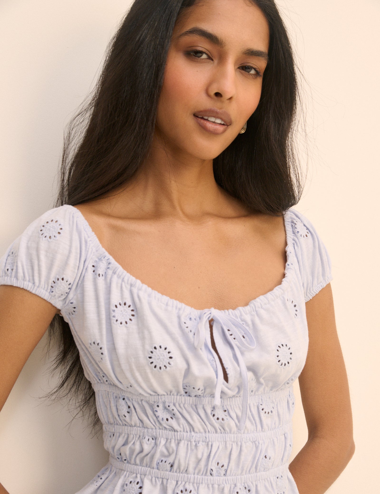 Blue Broderie Anglaise Shirred Milkmaid Top