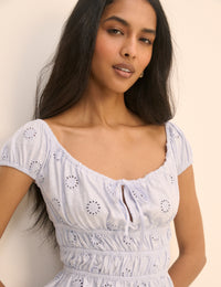 Blue Broderie Anglaise Shirred Milkmaid Top