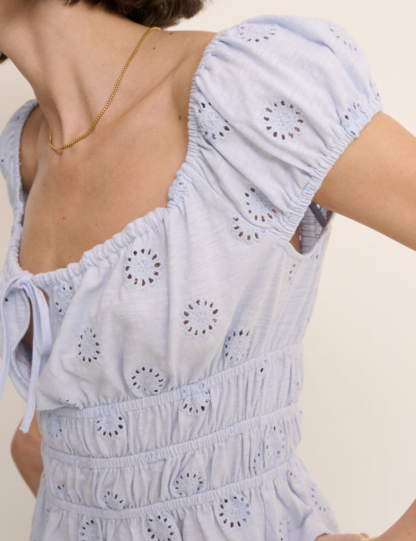 Blue Broderie Anglaise Shirred Milkmaid Top