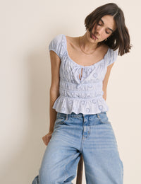 Blue Broderie Anglaise Shirred Milkmaid Top