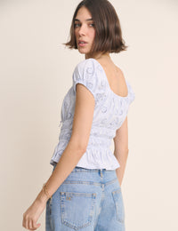 Blue Broderie Anglaise Shirred Milkmaid Top