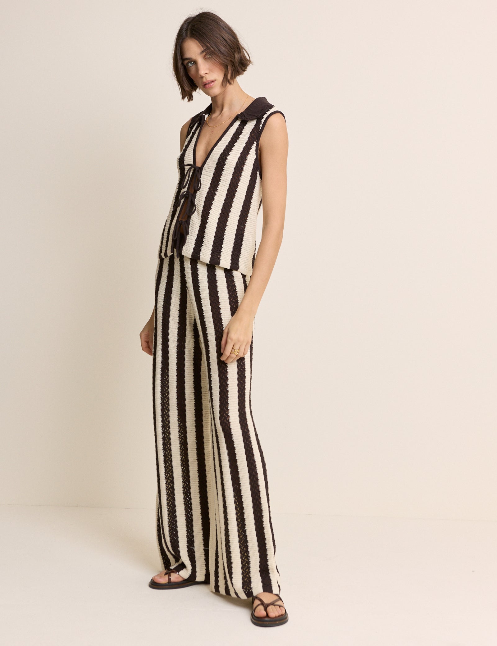 Brown And Cream Crochet Striped Trousers