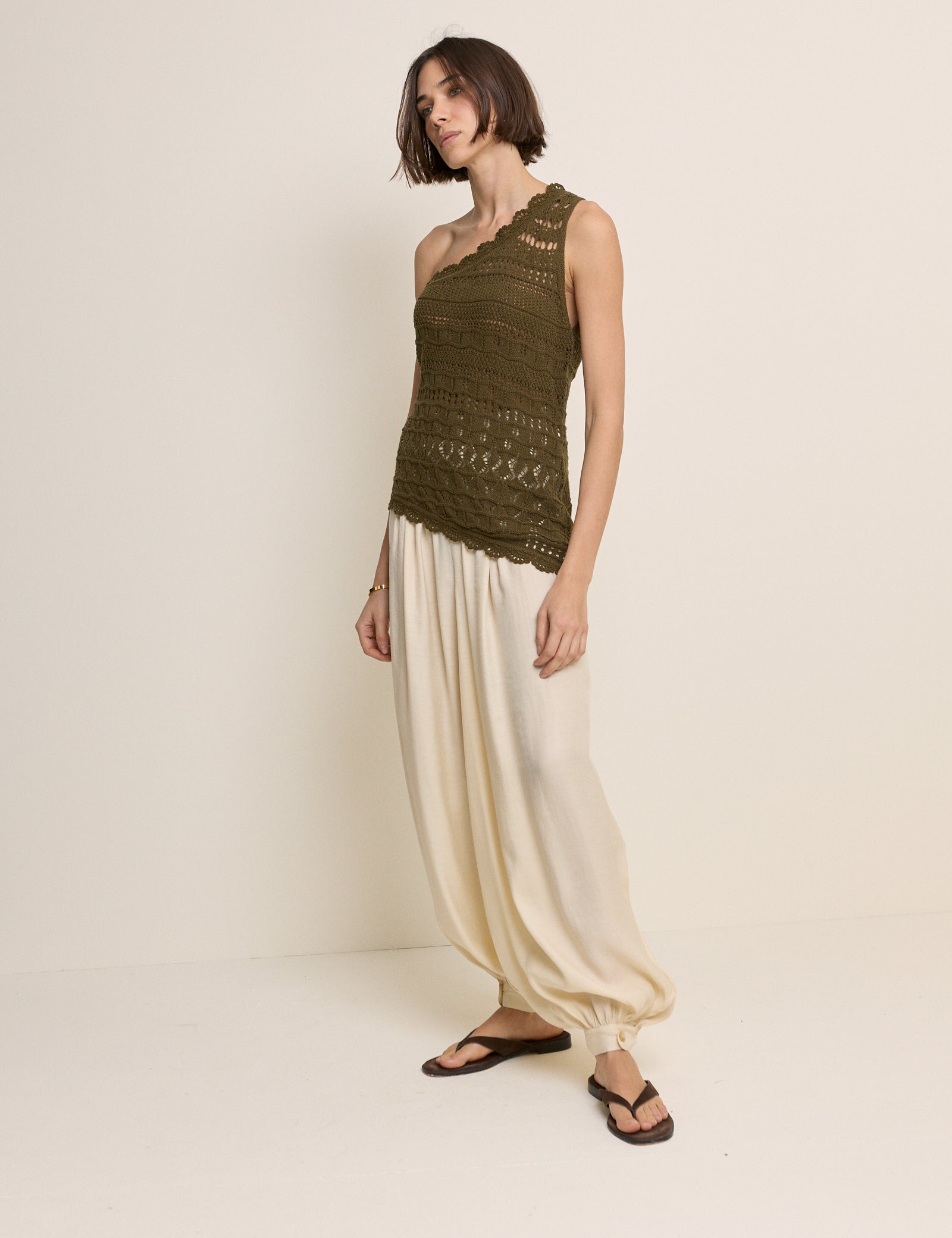 Green One Shoulder Crochet Top