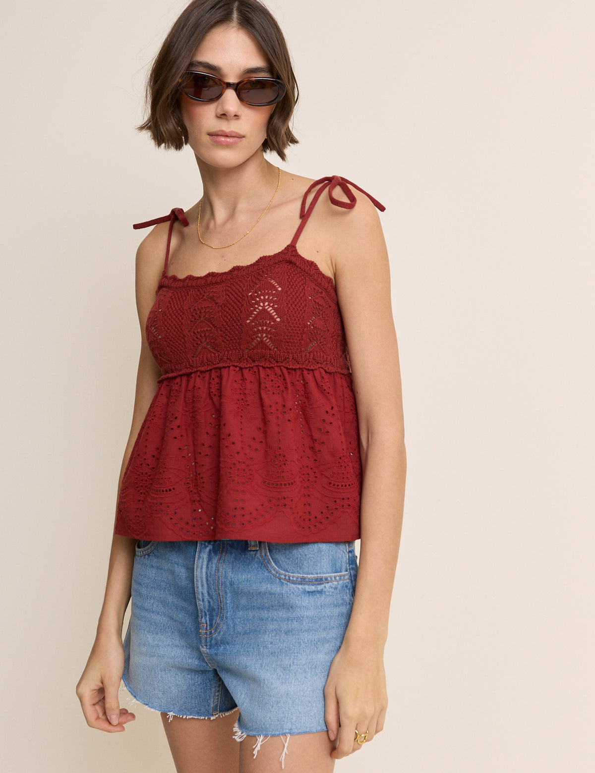 Red Crochet Broderie Anglaise Cami Top