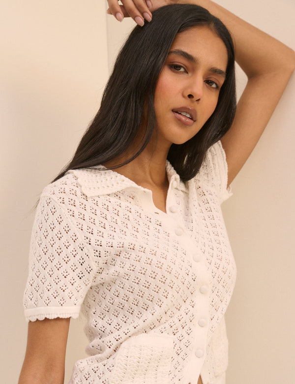 White Short Sleeve Crochet Collar Cardigan