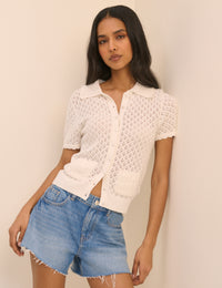 White Short Sleeve Crochet Collar Cardigan