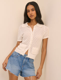 White Short Sleeve Crochet Collar Cardigan