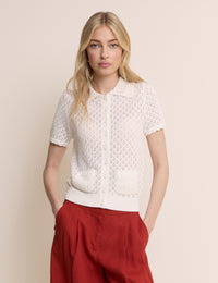 White Short Sleeve Crochet Collar Cardigan