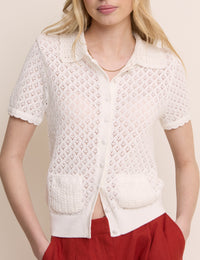 White Short Sleeve Crochet Collar Cardigan