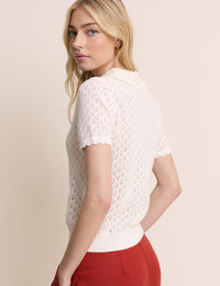 White Short Sleeve Crochet Collar Cardigan