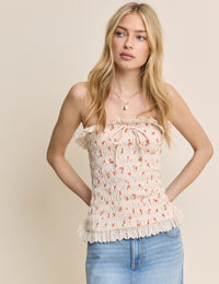 Cream Floral Printed Shirred Bandeau Top