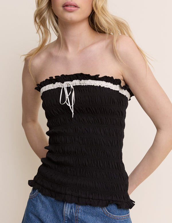 Black Ruffle Trim Shirred Bandeau Top