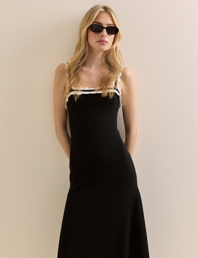 Black Crochet Trim Midi Dress