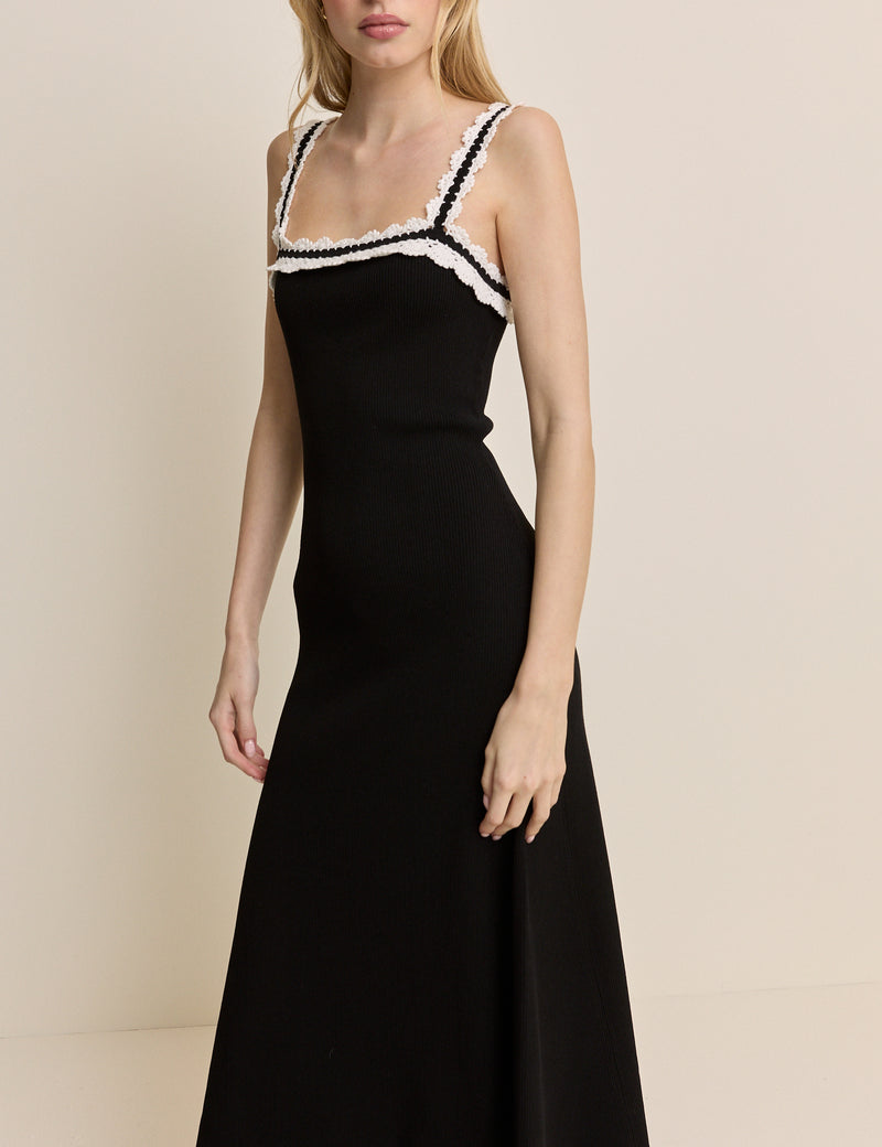 Crochet Trim Midi Dress Square Neck Wide Straps