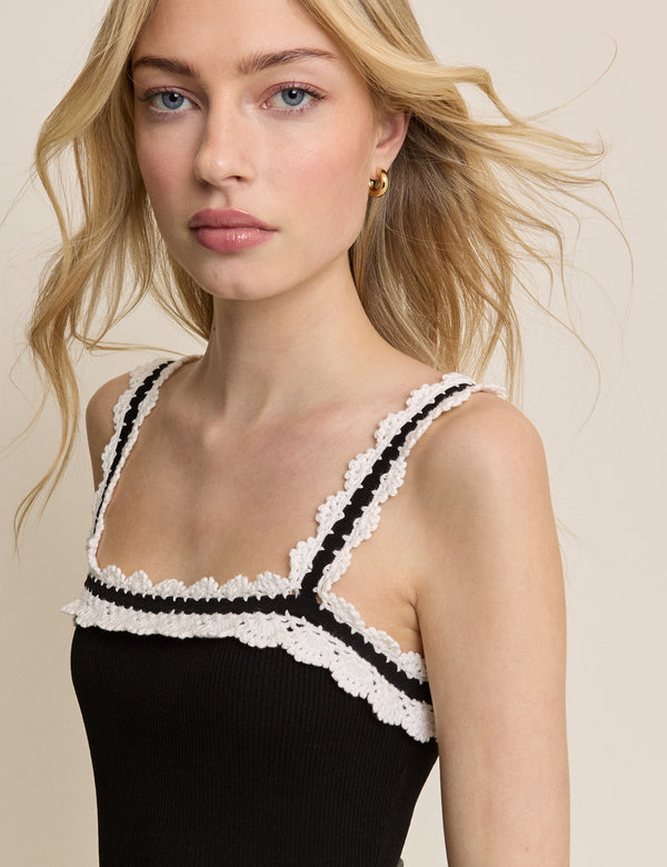 Black Crochet Trim Midi Dress