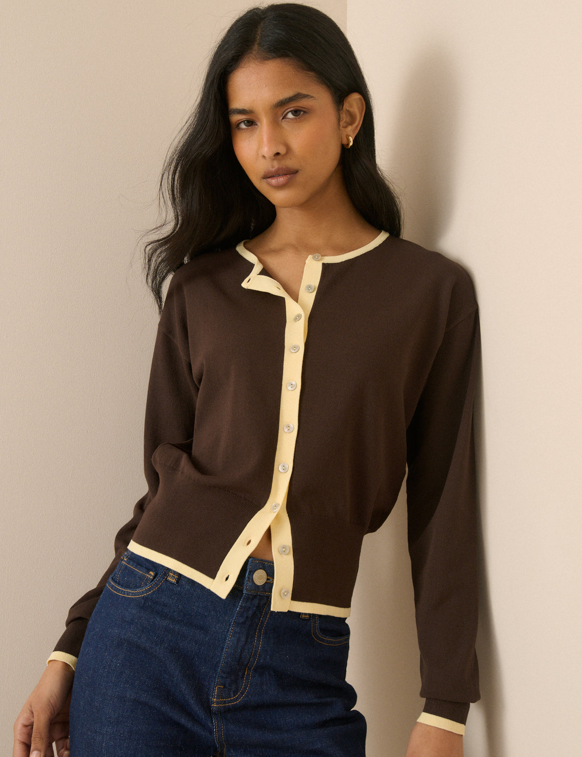 Brown and Yellow Slim Fit Cardigan