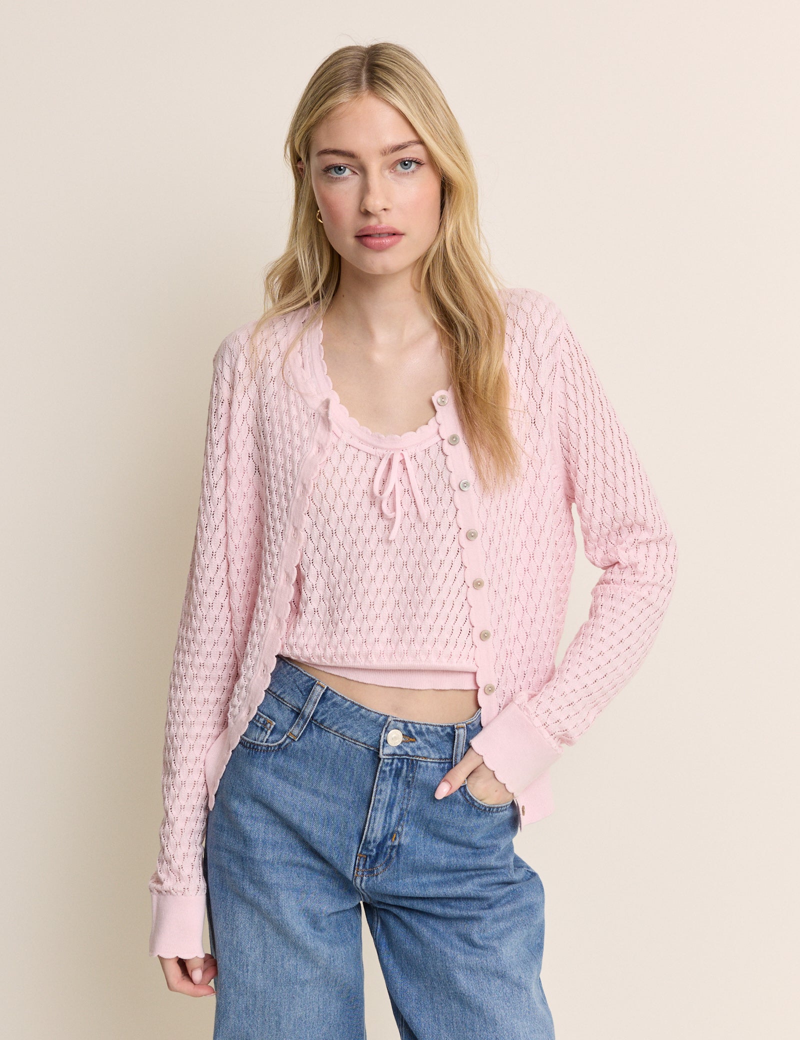 Baby Pink Pointelle Cami with Neck Tie