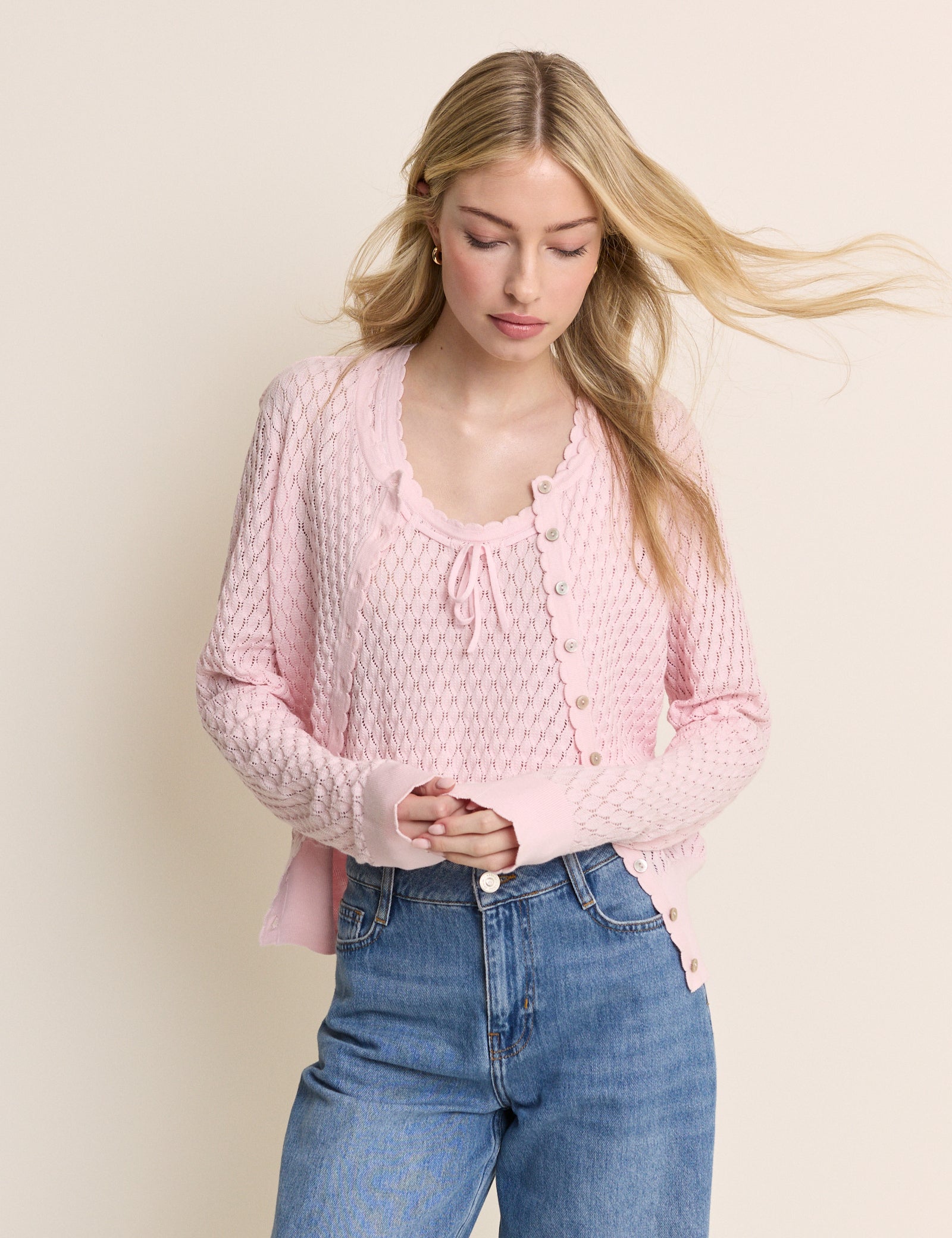 Baby Pink Pointelle Cami with Neck Tie