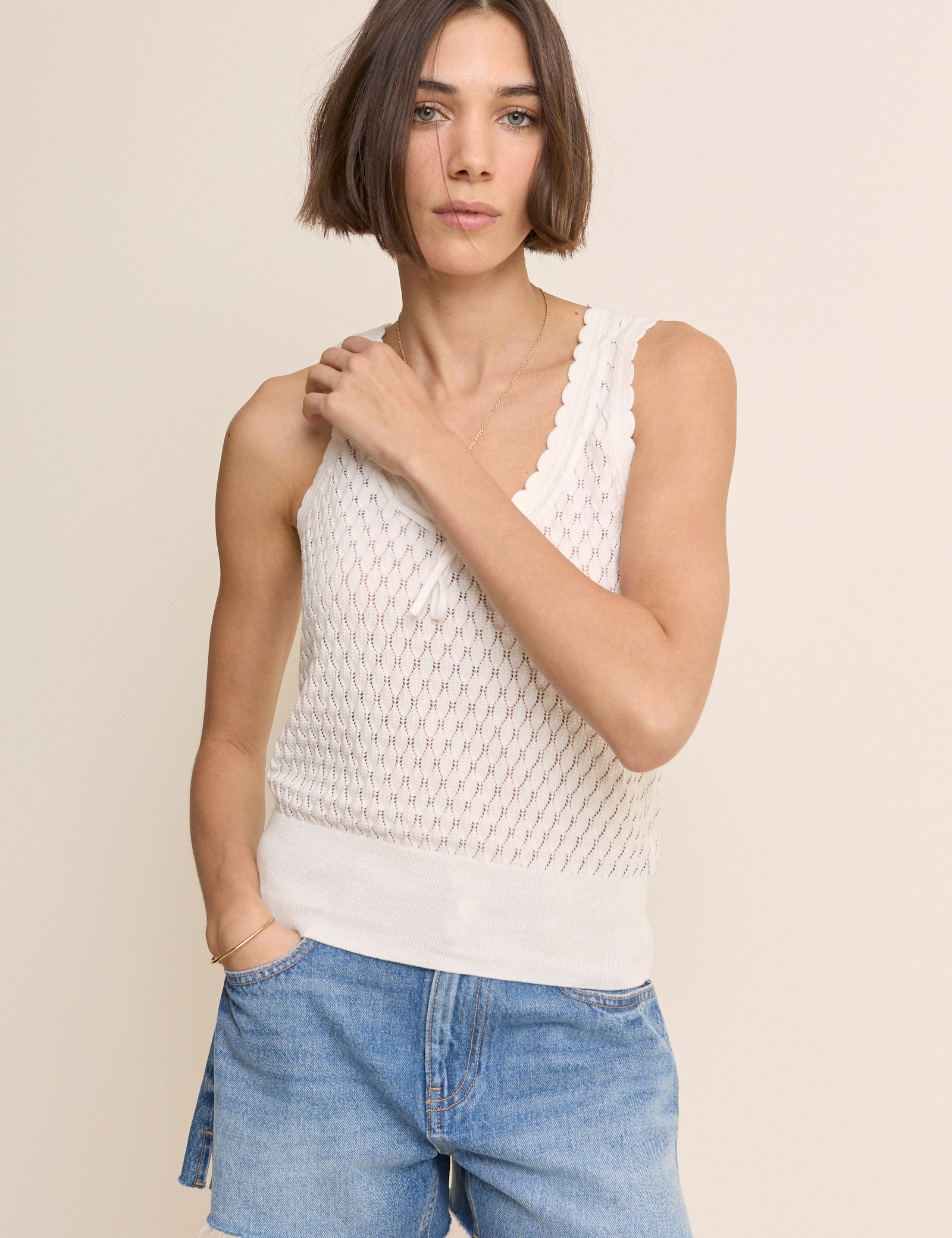 White Pointelle Cami with Neck Tie