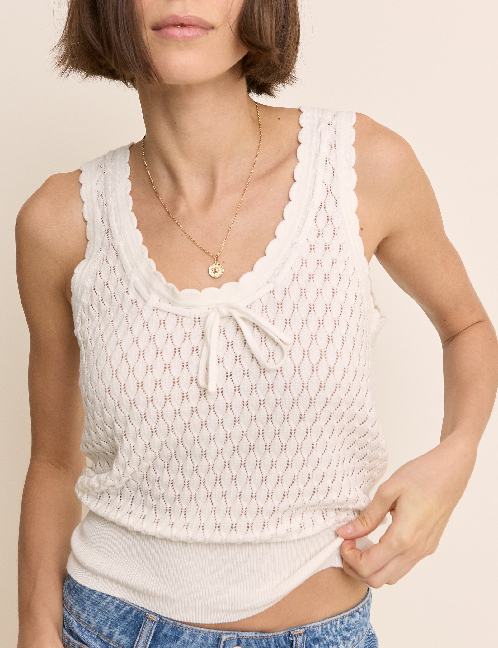 White Pointelle Cami with Neck Tie