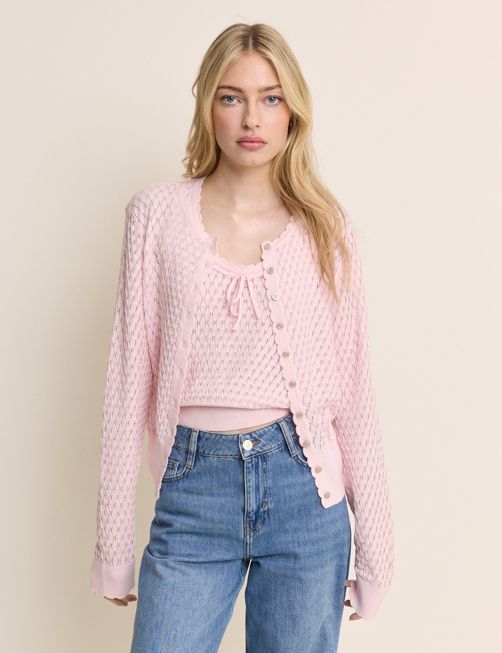 Baby Pink Pointelle Crew Neck Cardigan
