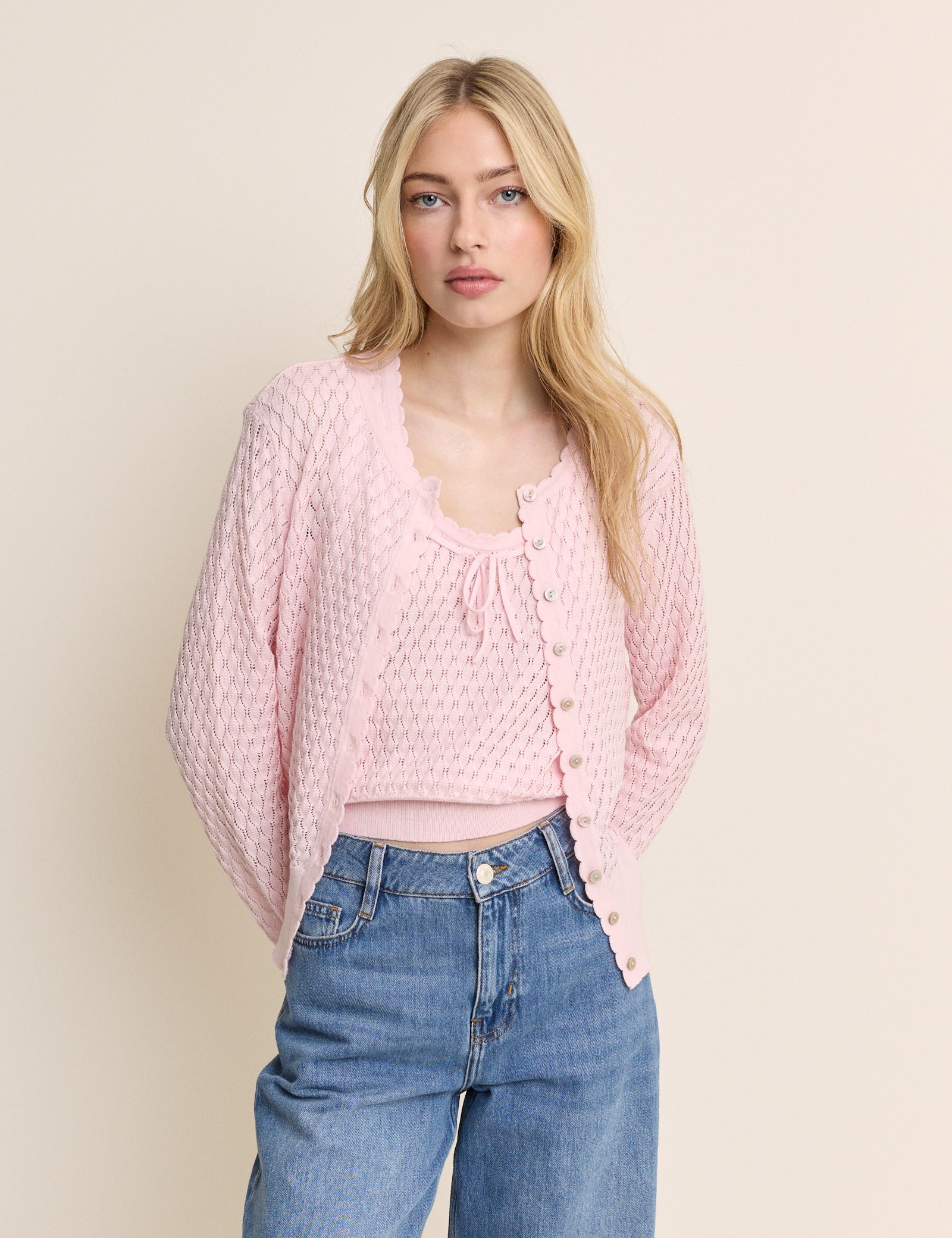 Baby Pink Pointelle Crew Neck Cardigan