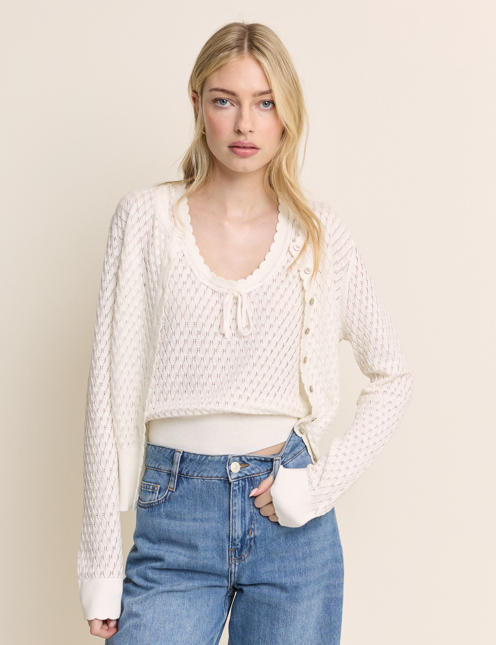 White Pointelle Crew Neck Cardigan