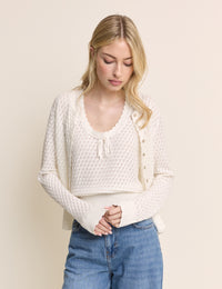 White Pointelle Crew Neck Cardigan