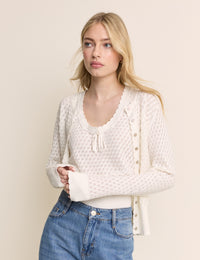 White Pointelle Crew Neck Cardigan