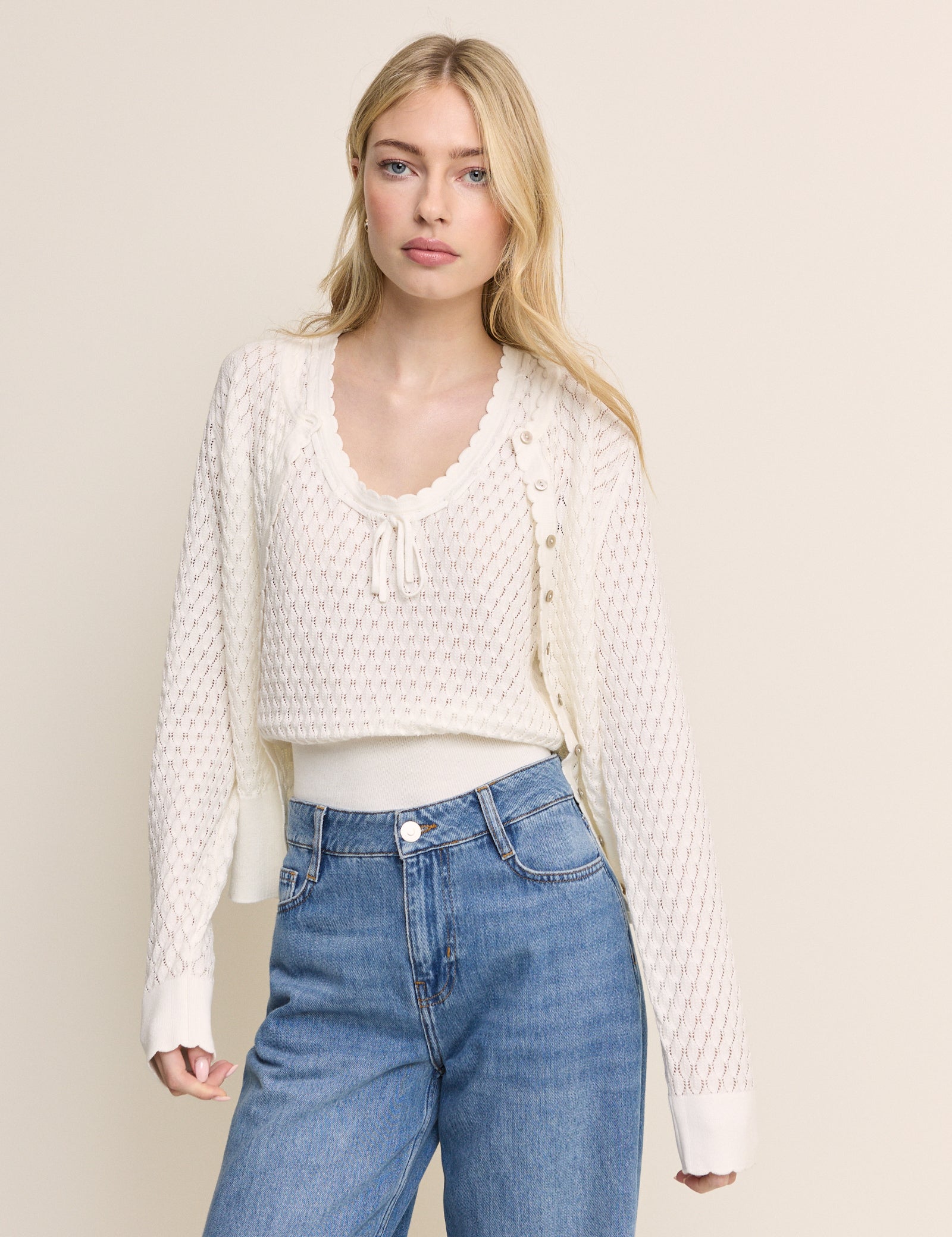 White Pointelle Crew Neck Cardigan
