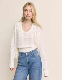 White Pointelle Crew Neck Cardigan