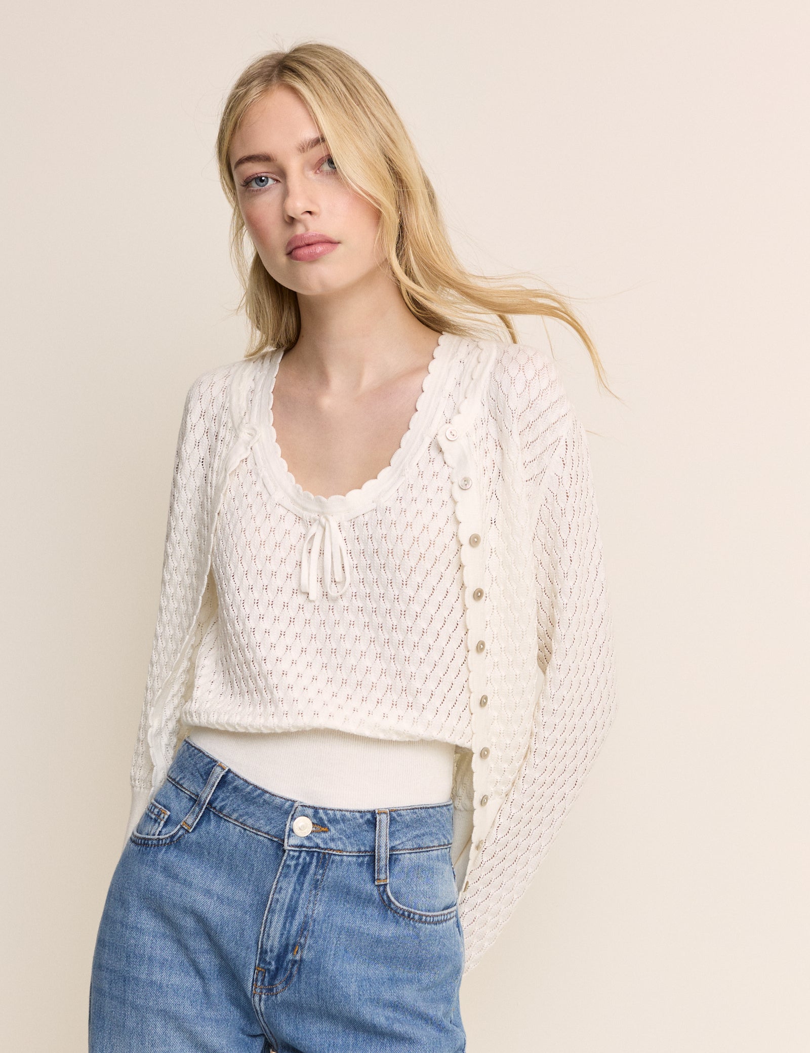 White Pointelle Crew Neck Cardigan