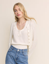 White Pointelle Crew Neck Cardigan