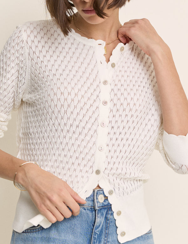 White Pointelle Crew Neck Cardigan