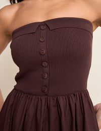 Brown Bandeau Button Front Midi Dress