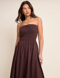 Brown Bandeau Button Front Midi Dress