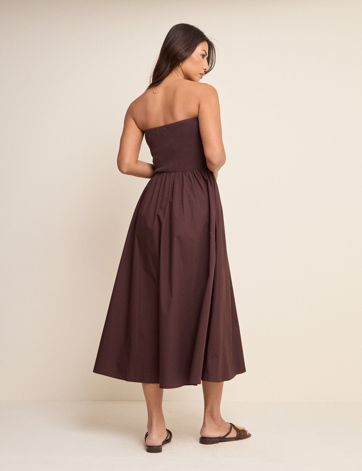 Brown Bandeau Button Front Midi Dress