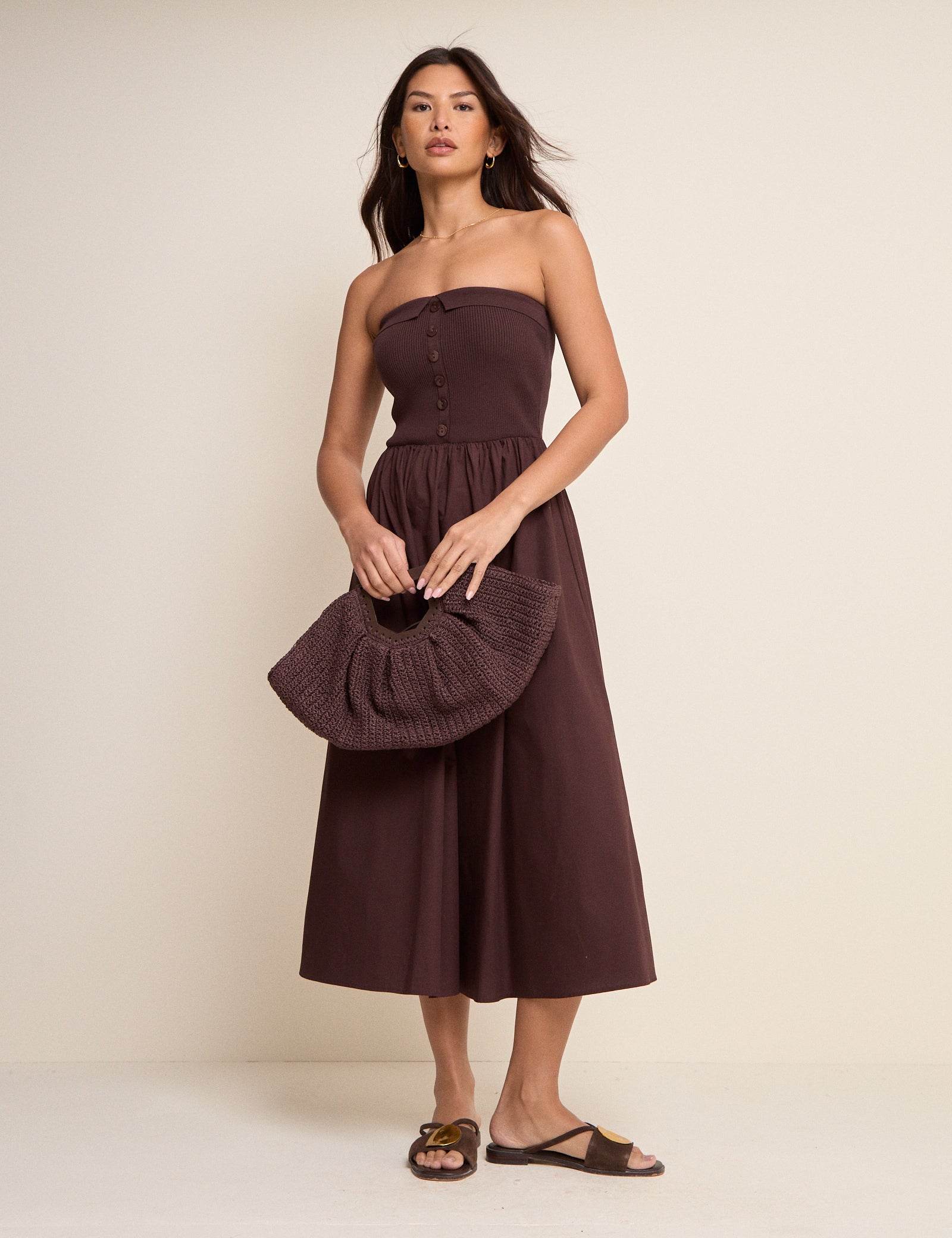 Brown Bandeau Button Front Midi Dress