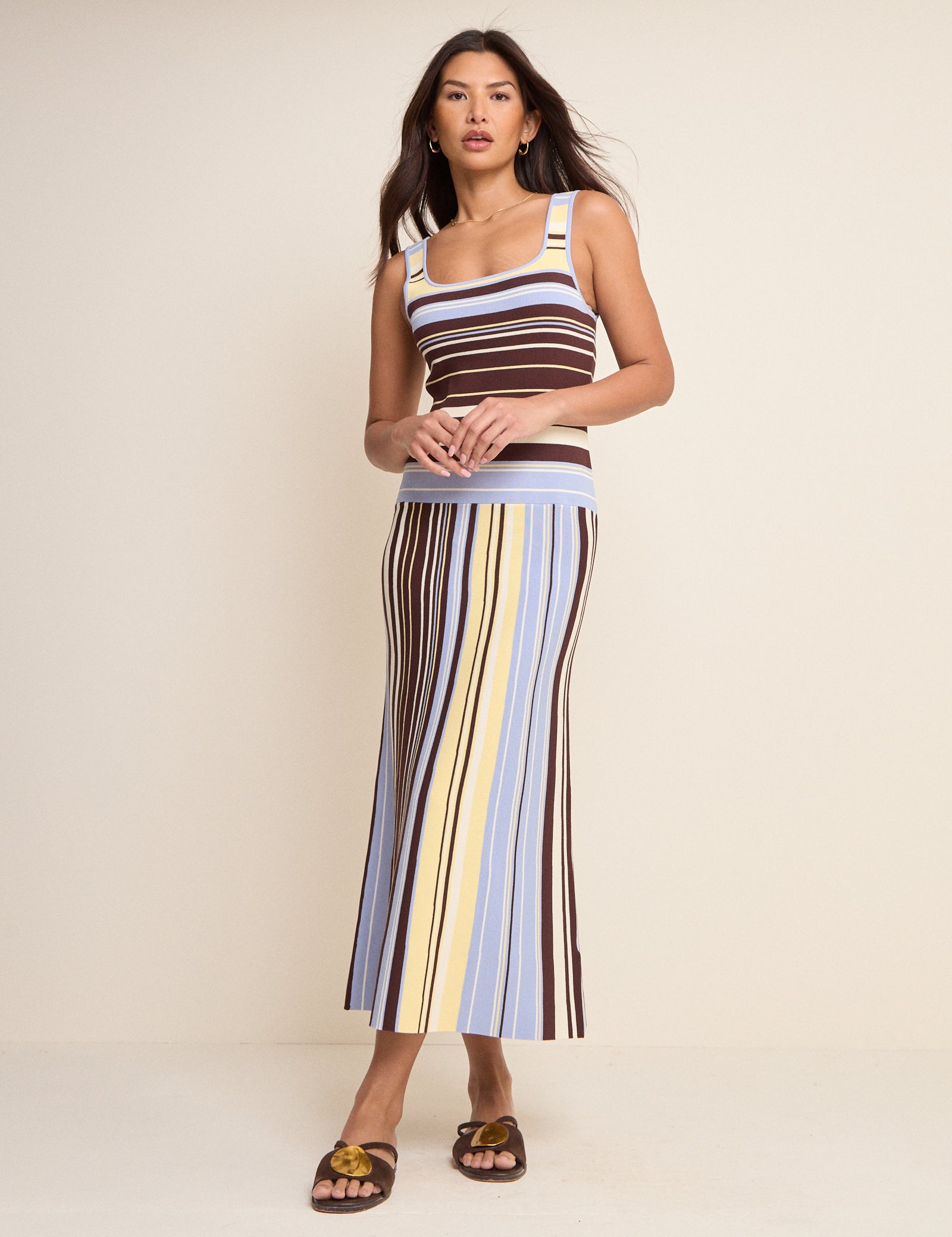 Brown and Blue Striped Drop Waist Knit Dress Brown and Blue Striped Drop Waist Knit Dress
